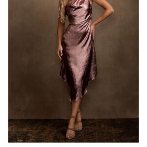Joyfolie Asymmetrical Metallic Dress in Bronze